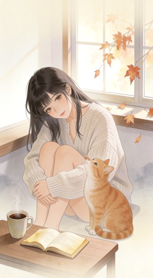 秋日燕麦色少女与猫