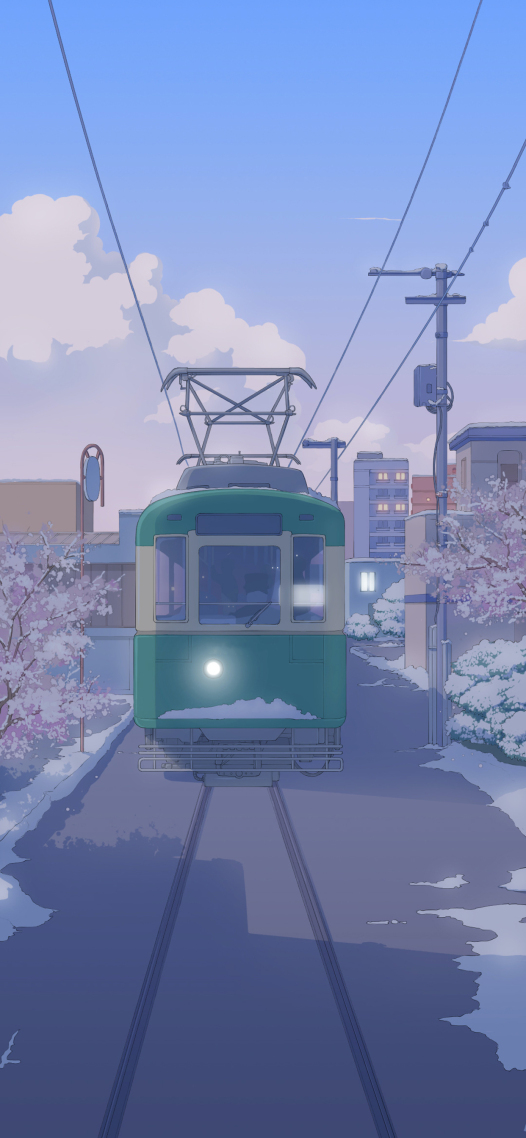 4K晚霞櫻花列車街道